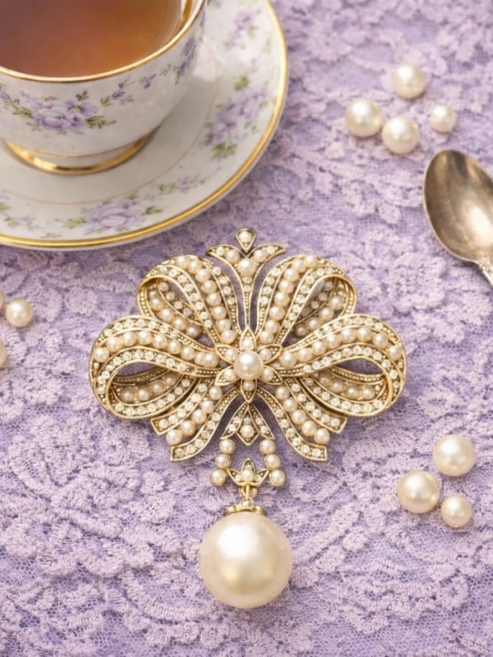Estate Vintage Pearl & Crystal Bow Brooch - With Large Center Drop Pearl